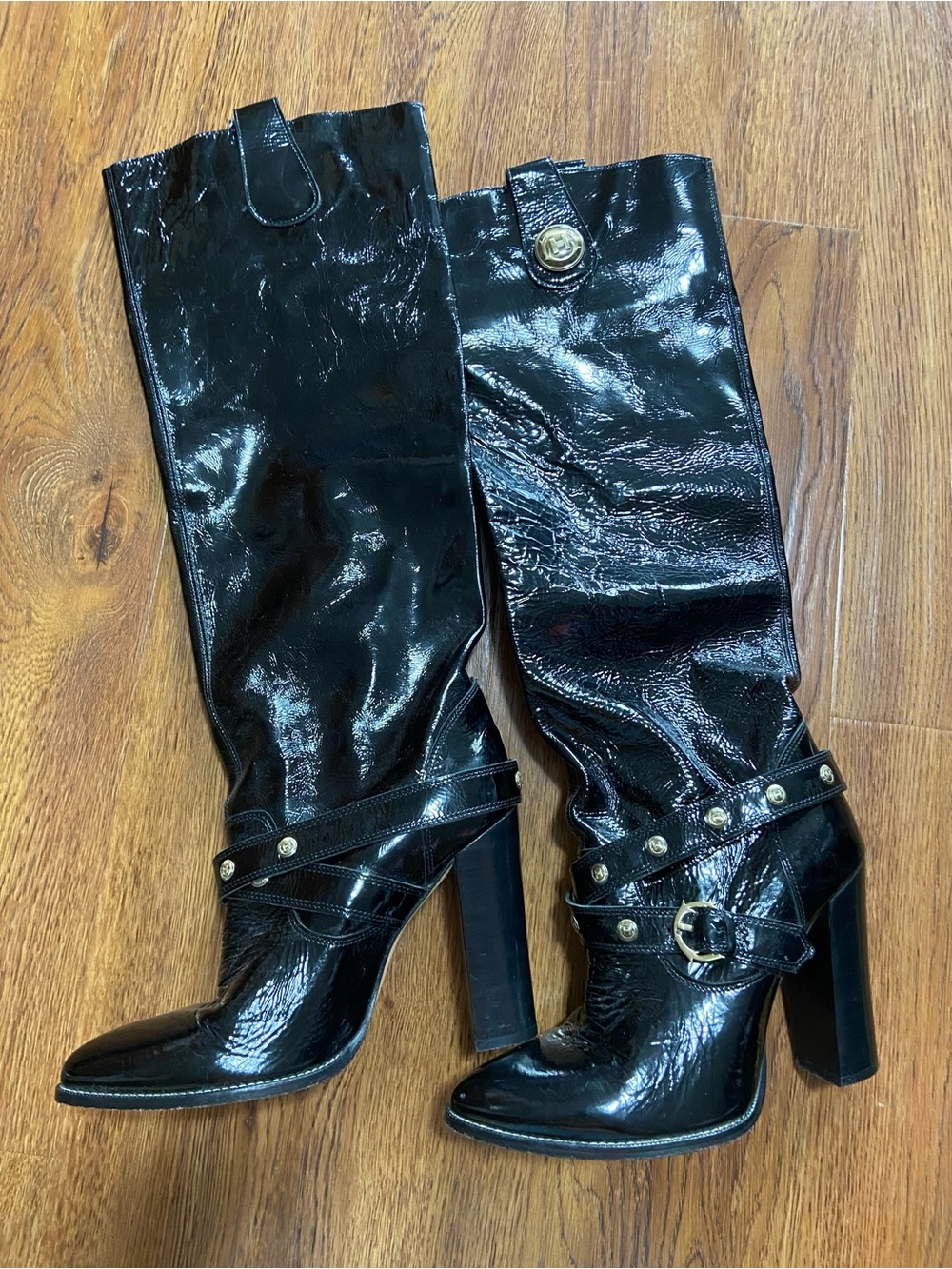Hunter Black Patent Knee-High Heeled Boots with Gold Logo size 9-9.5